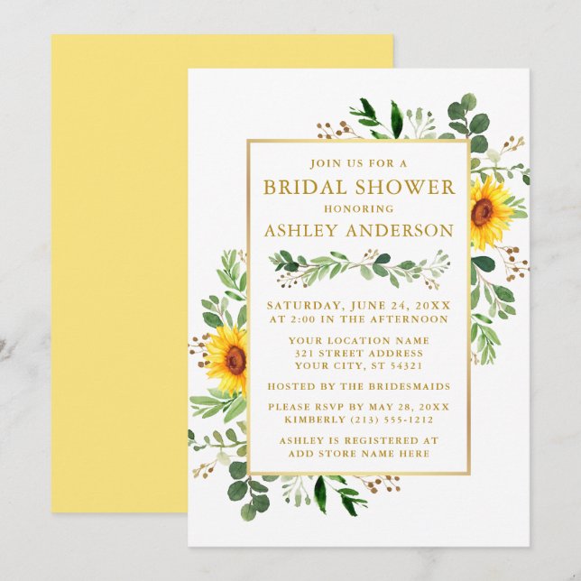 Invitación Bridal Shower Watercolor Green Sunflowers Gold (Anverso / Reverso)