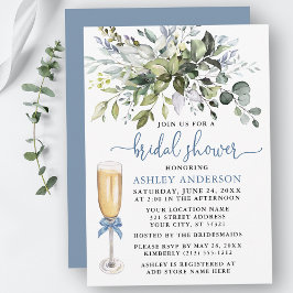 Invitación Bridal Shower Watercolor Greenery Dusty Blue Bow