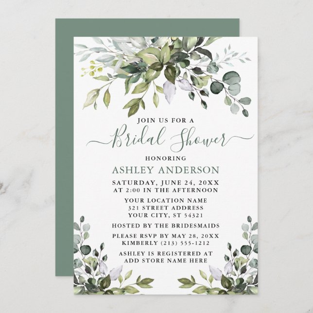 Invitación Bridal Shower Watercolor Greenery Sage Green (Anverso / Reverso)