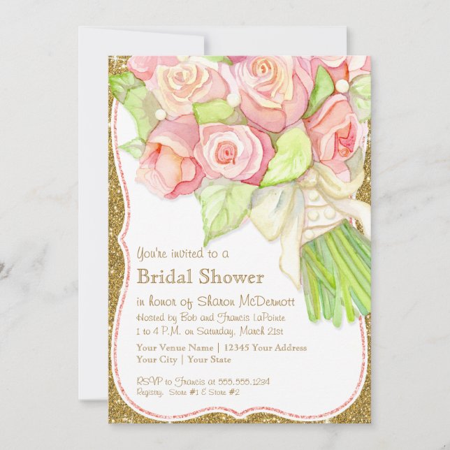 Invitación Bridal Shower Watercolor Rose Bouquet Satin Pearls (Anverso)