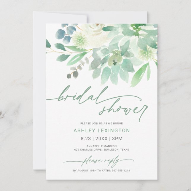 Invitación Bridal Shower Watercolor Suculento Verdor (Anverso)
