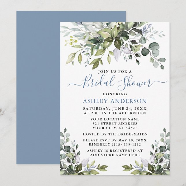 Invitación Bridal Shower Watercolor verde Dusty Azul (Anverso / Reverso)