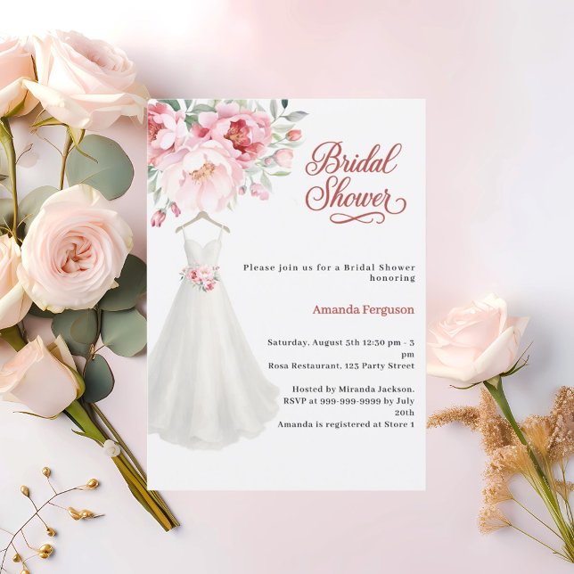 Invitación Bridal shower wedding dress pink flowers (Subido por el creador)