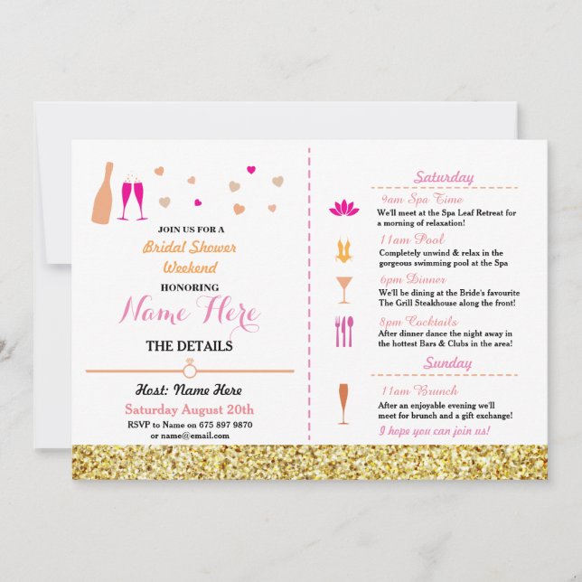 Invitación Bridal Shower Weekend Heart Pink Gold Invite (Anverso)