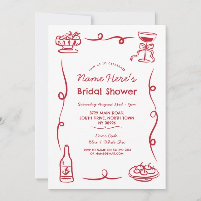 Invitación Bridal Shower Whimsical Mano Dibujada Red Ilustrad (Anverso)