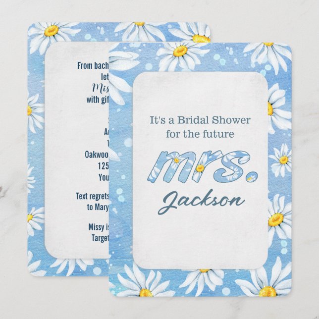 Invitación Bridal Shower White Daisies On Blue (Anverso / Reverso)