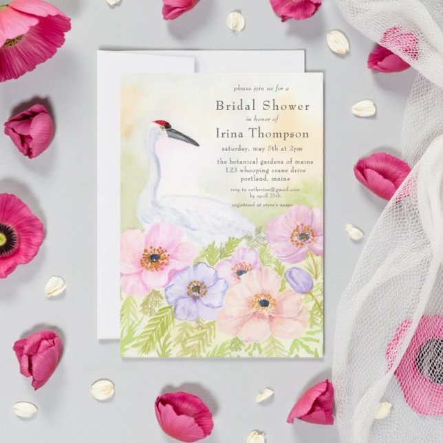 Invitación Bridal Shower Whooping Crane with Pastel Anemones  (Subido por el creador)