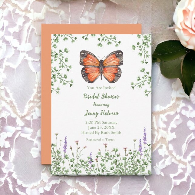 Invitación Bridal Shower Wildflower Naranja Mariposa Verde (Pretty and fresh design. Bridal Shower Party Invitations.)