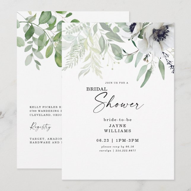 Invitación Bridal Shower Winter White Floral Botánica (Anverso / Reverso)