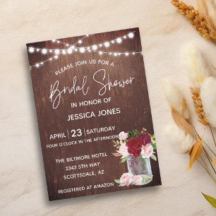 Invitación Bridal Shower Wood Burgundy Rubor Pink Mason Jar