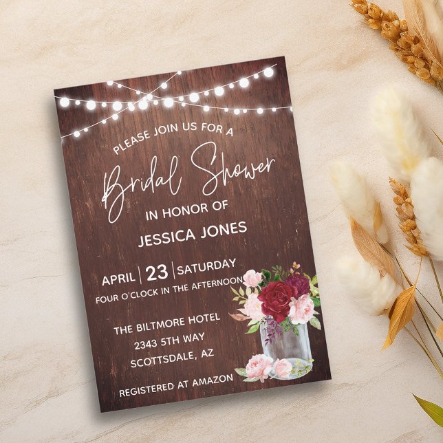 Invitación Bridal Shower Wood Burgundy Rubor Pink Mason Jar (Subido por el creador)
