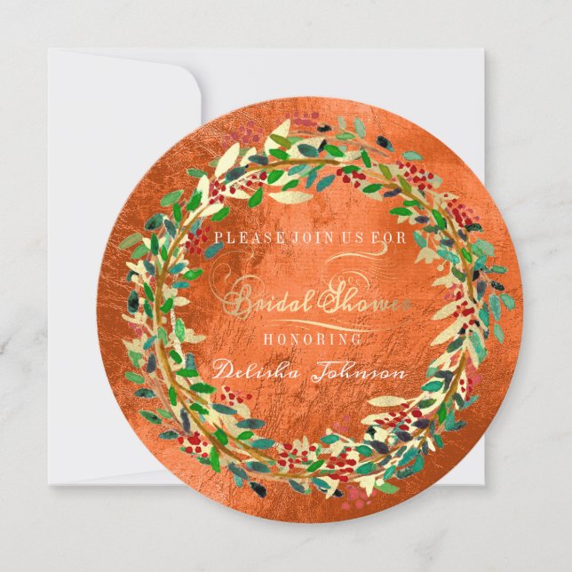 Invitación Bridal Shower Woodland Naranja Floral Oro Verde (Anverso)