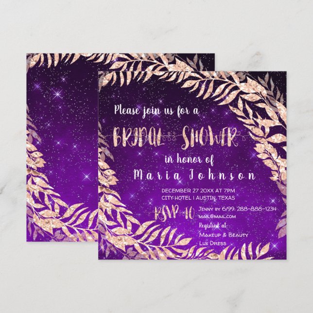 Invitación Bridal Shower Wreath Rosa Gold Sky Stars Purple (Anverso / Reverso)