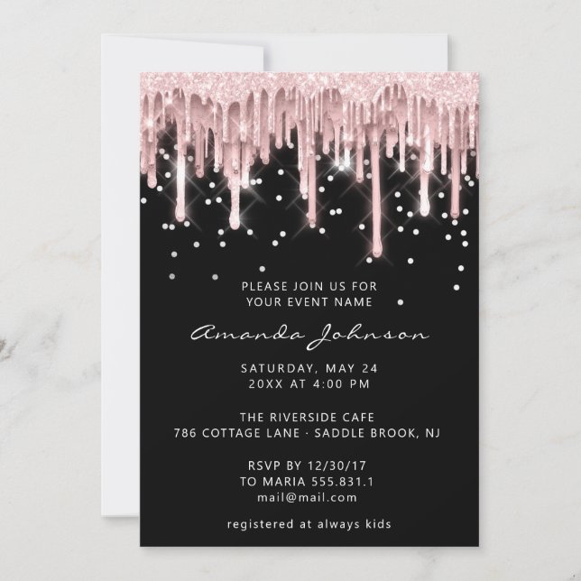 Invitación Bridal Sweet 16th Drip Rosa Purpurina Spark Black (Anverso)