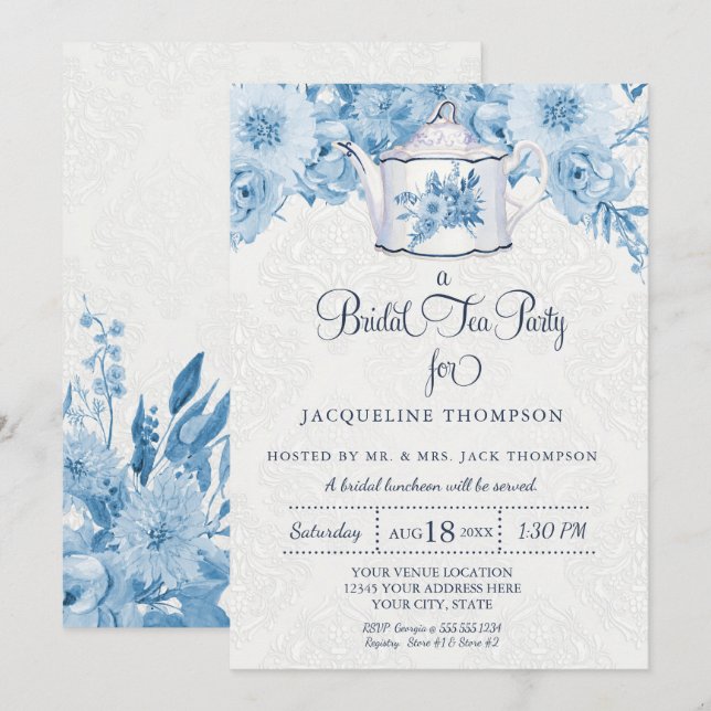 Invitación Bridal Tea Fiesta acuarela Marina Azul Floral Blan (Anverso / Reverso)