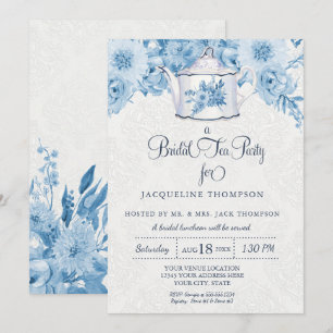 Invitación Bridal Tea Fiesta acuarela Marina Azul Floral Blan
