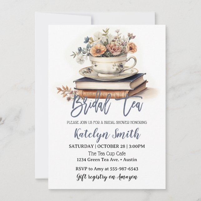 Invitación Bridal Tea Shower Dusty Blue Tea Cup Floral Book (Anverso)