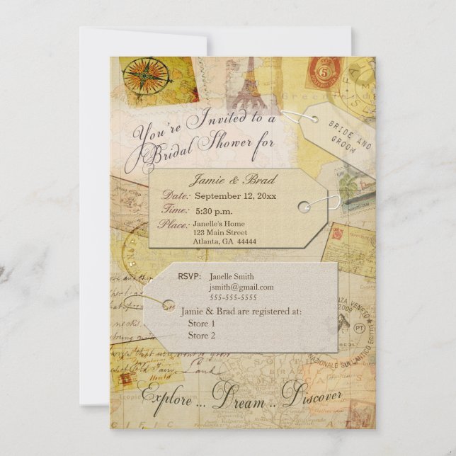 Invitación Bridal Travel Shower tema en cacao y crema (Anverso)