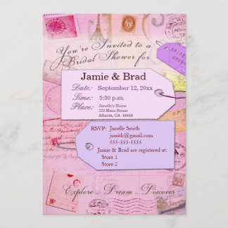 Invitación Bridal Travel Shower tema en rosa y púrpura