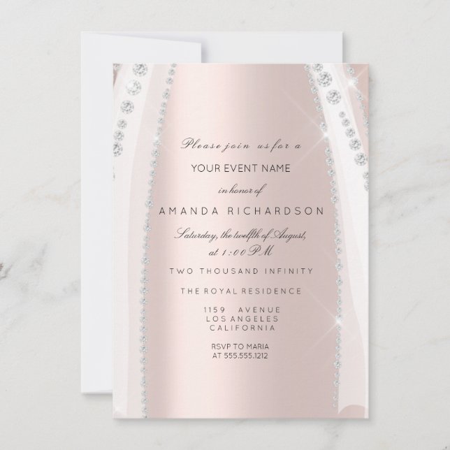 Invitación Bridal Vestido Blanco Chispa Rosa Diamante Rosa Pl (Anverso)