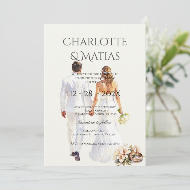 Invitación bride and groom silhouette Boho Floral Wedding  (Anverso de pie)