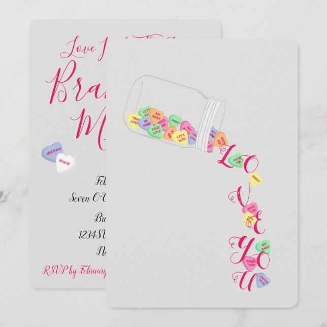 Invitación BRIDE Candy Hearts I Love You Celebration Fiesta (Anverso / Reverso)