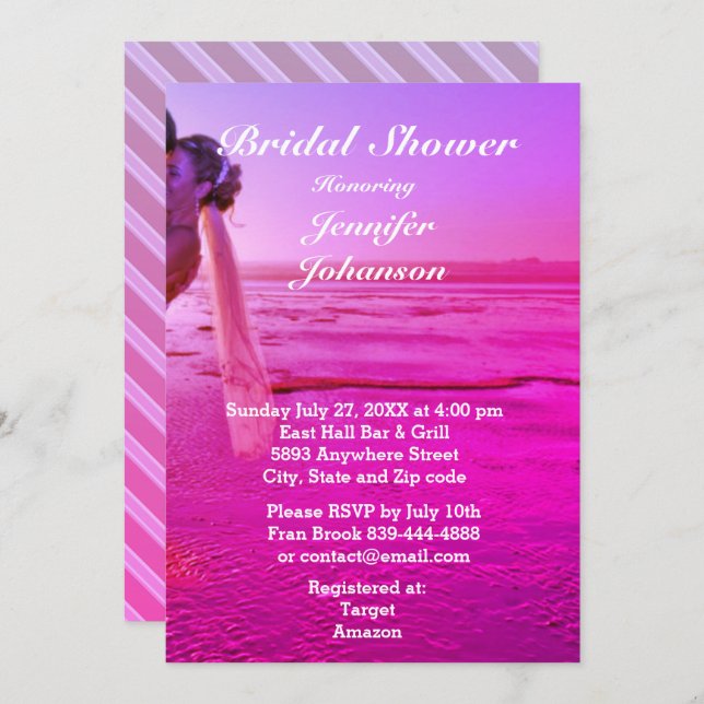 Invitación Bride & Groom Purple Sunset Beach Bridal Shower (Anverso / Reverso)