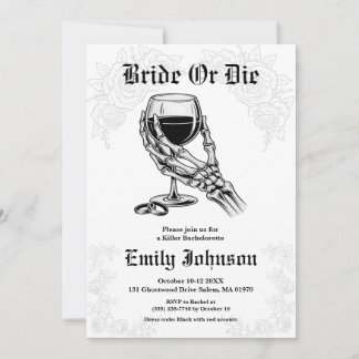 Invitación Bride or Die Gothic Skeleton Bachelorette Party