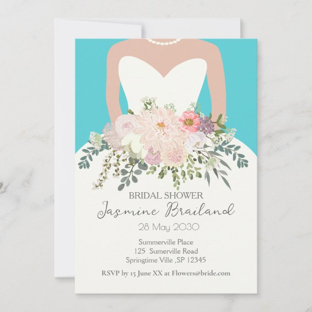 Invitación Bride vestido con floral Bouquet Bridal Shower (Anverso)