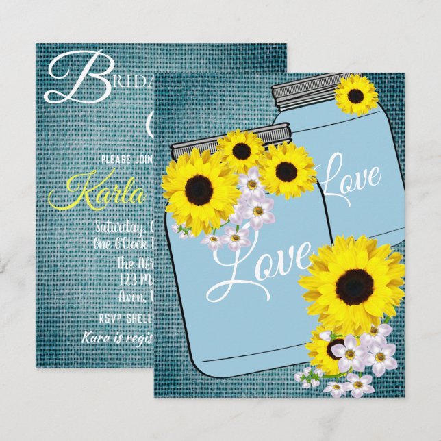 Invitación BRIDE y CO Verde azulado Blue Burlap Sunflower Sho (Anverso / Reverso)