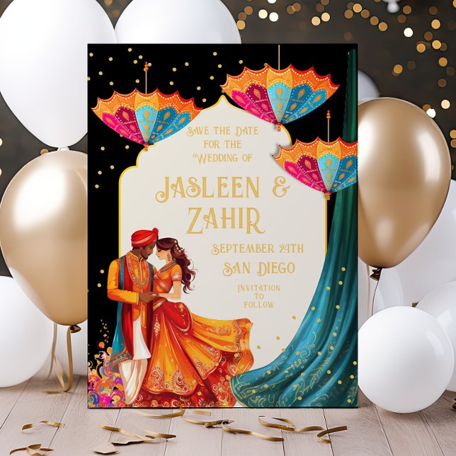 Invitación Bride y Groom de las sombrillas indias salvan la f (Subido por el creador)