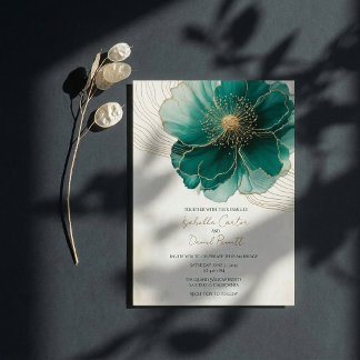 Invitación Bride's Teal Floral Gold Wedding Invitation Card