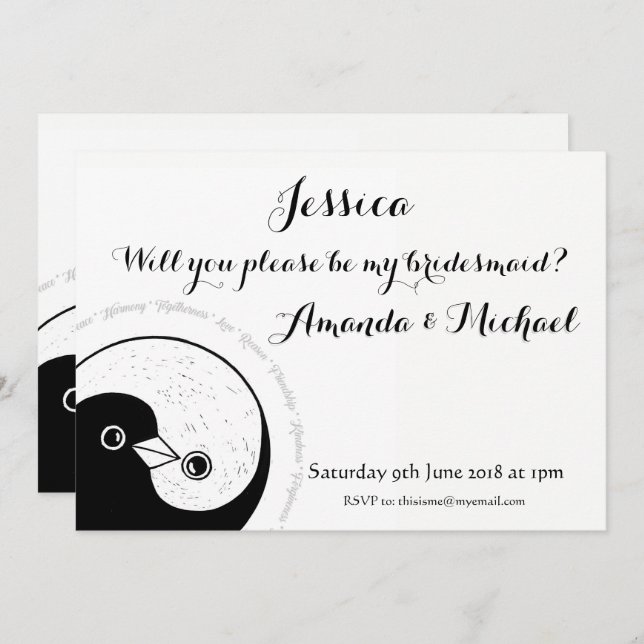 Invitación BRIDESMAID INVITE b/w palomas personalizable (Anverso / Reverso)