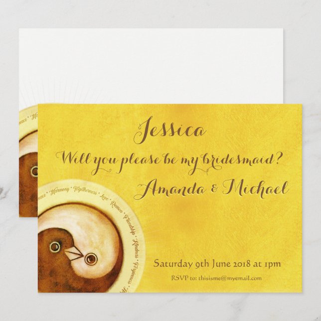 Invitación BRIDESMAID INVITE palomas doradas personalizables (Anverso / Reverso)