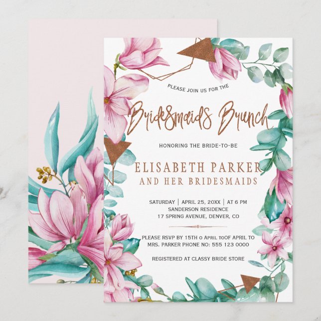 Invitación Bridesmaids brunch acuarela color rosa ducha de no (Anverso / Reverso)