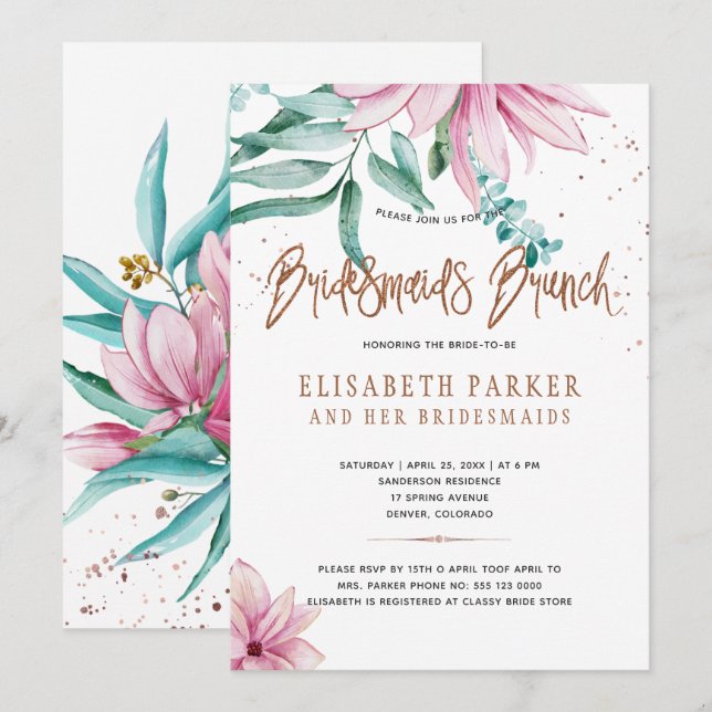 Invitación Bridesmaids brunch rosa glam floral ducha de novia (Anverso / Reverso)
