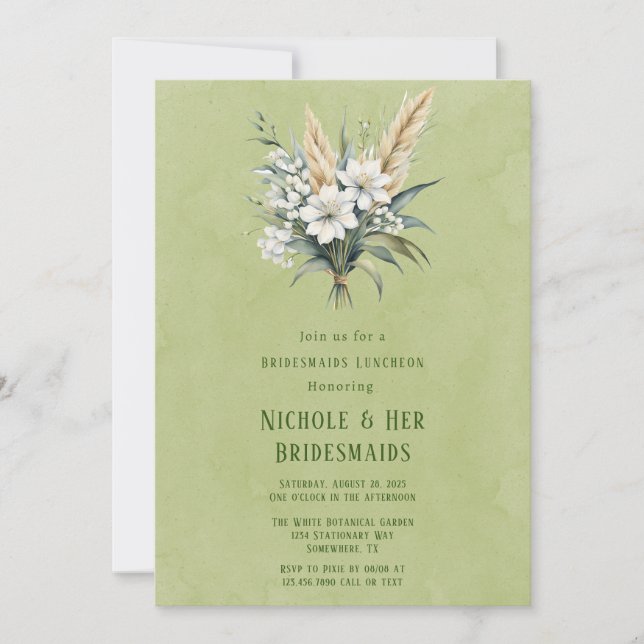 Invitación Bridesmaids con pintura verde floral blanca Lunche (Anverso)
