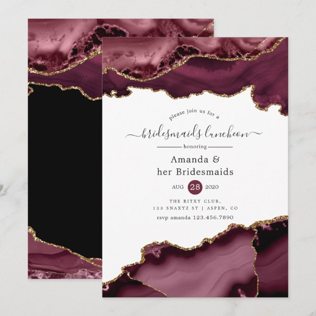 Invitación Bridesmaids de Burgundy and Gold Agate (Anverso / Reverso)