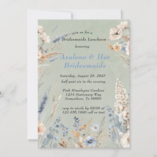 Invitación Bridesmaids Florales Azules Sage Y Dusty Luncheon (Anverso)