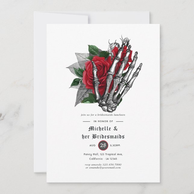 Invitación Bridesmaids Luncheon Flores Rojas Góticas Calavera (Anverso)