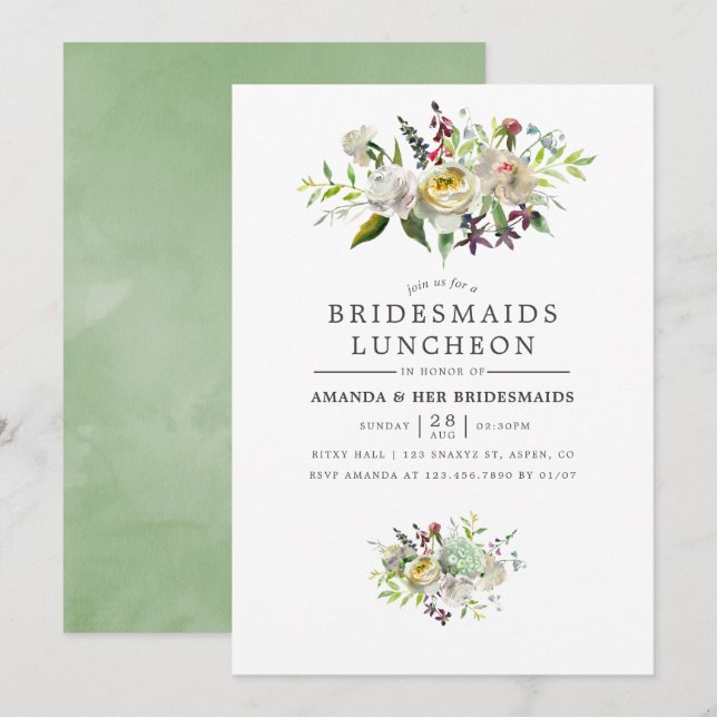 Invitación Bridesmaids Verdes y Florales Blancas Sage Luncheo (Anverso / Reverso)