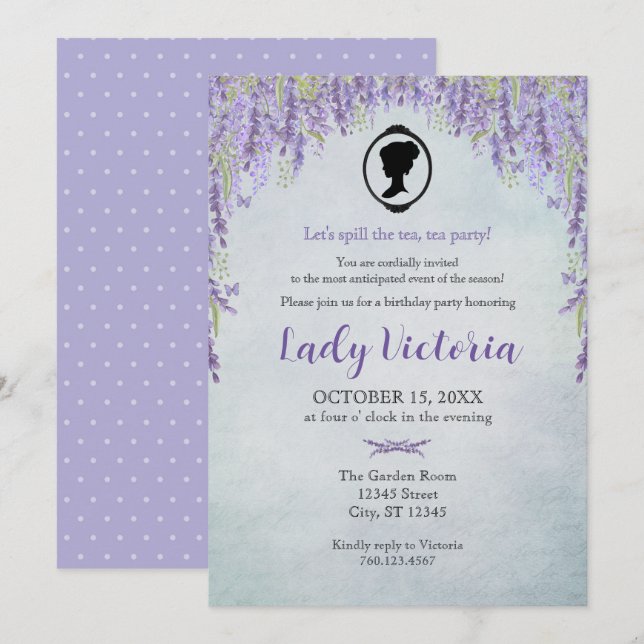 Invitación Bridgerton Inspired Spill The Tea Birthday  (Anverso / Reverso)