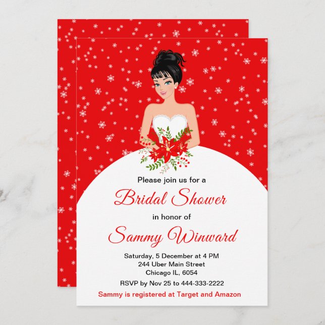 Invitación Brigada de cabello negro Snowflake Red Bridal Duch (Anverso / Reverso)
