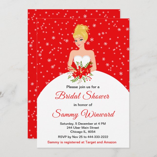 Invitación Brigada de pelo rubio Snowflake Red Bridal Shower (Anverso / Reverso)