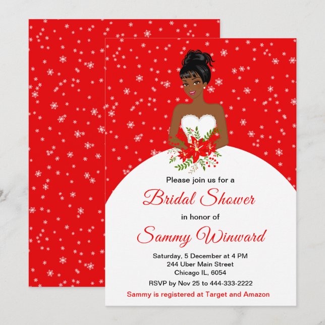 Invitación Brigada de piel oscura Snowflake Red Bridal Shower (Anverso / Reverso)