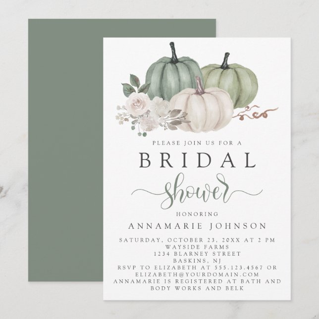 Invitación Brigada floral de calabaza blanca y verde de otoño (Anverso / Reverso)