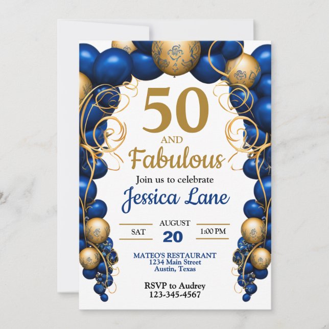 Invitación Bright Blue and Flat Gold Birthday Party (Anverso)