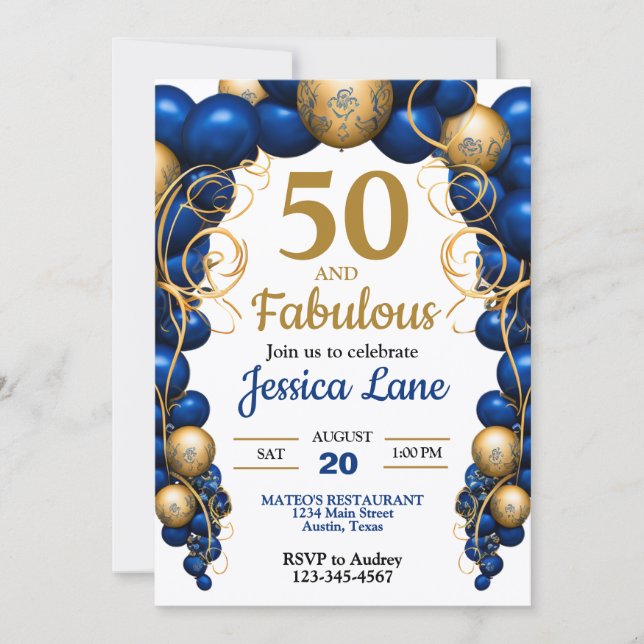 Invitación Bright Blue and Flat Gold Birthday Party (Anverso)
