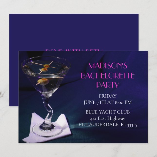 Invitación Bright Blue Bachelorette Martini Bridal Party (Anverso / Reverso)