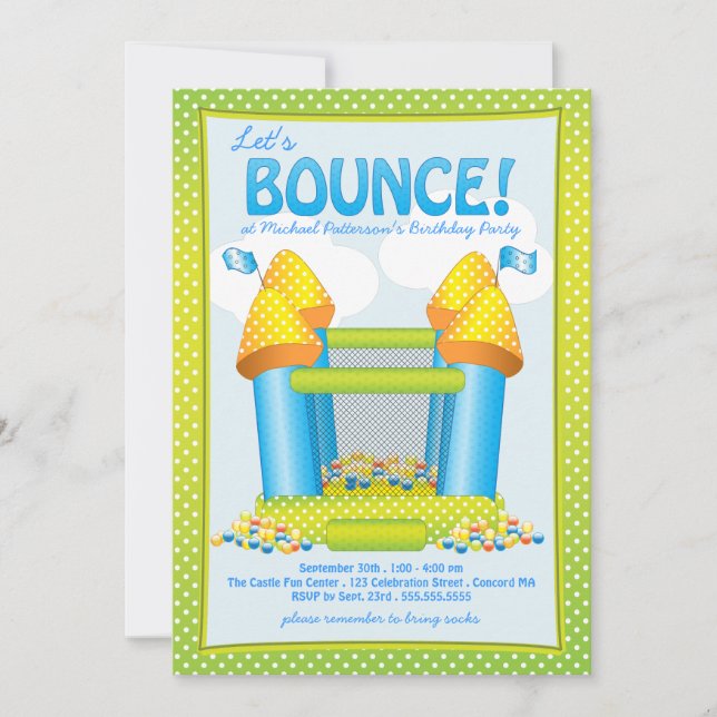 Invitación Bright Blue Bouncy House Fiesta de cumpleaños (Anverso)